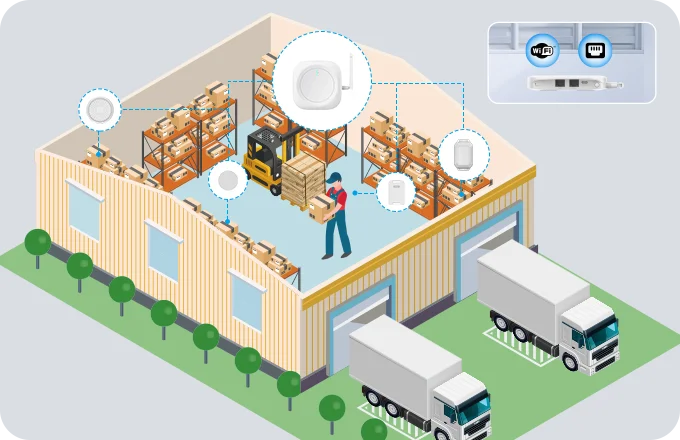 Diagram of a single ceiling-mounted SBG01 gateway covering an open warehouse